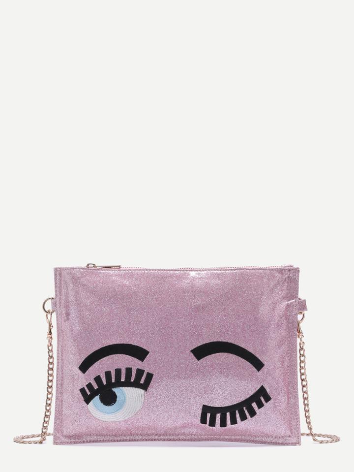 Shein Pink Blinking Eye Glitter Sequins Clutch Bag With Chain Strap