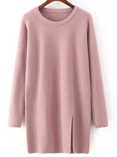 Shein Pink Crew Neck Split Loose Sweater