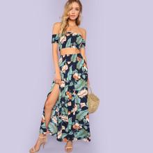 Shein Jungle Leaf Print Shirred Crop Top And Slit Skirt Set