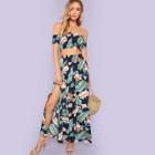 Shein Jungle Leaf Print Shirred Crop Top And Slit Skirt Set