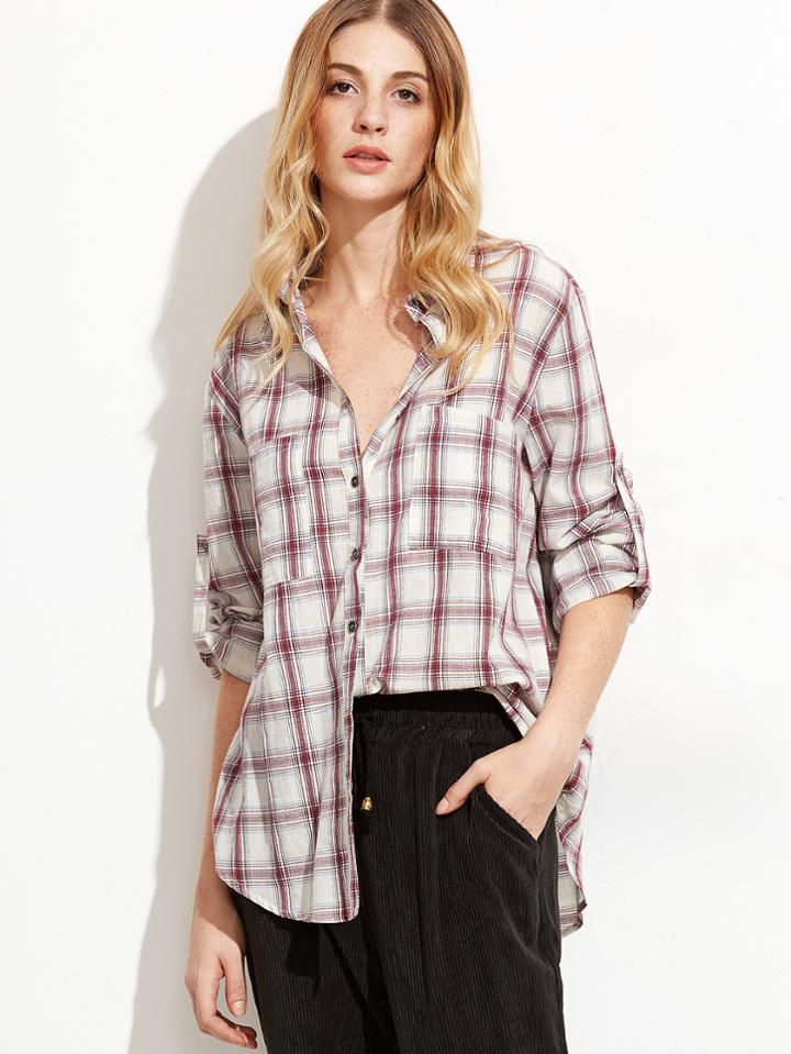 Shein Roll Tab Sleeve Curved Hem Plaid Shirt
