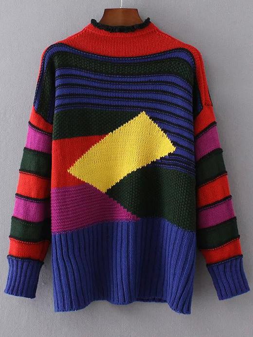 Shein Color Block Crew Neck Ribbed Trim Sweater
