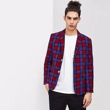 Shein Men Button & Pocket Front Notched Neck Plaid Blazer