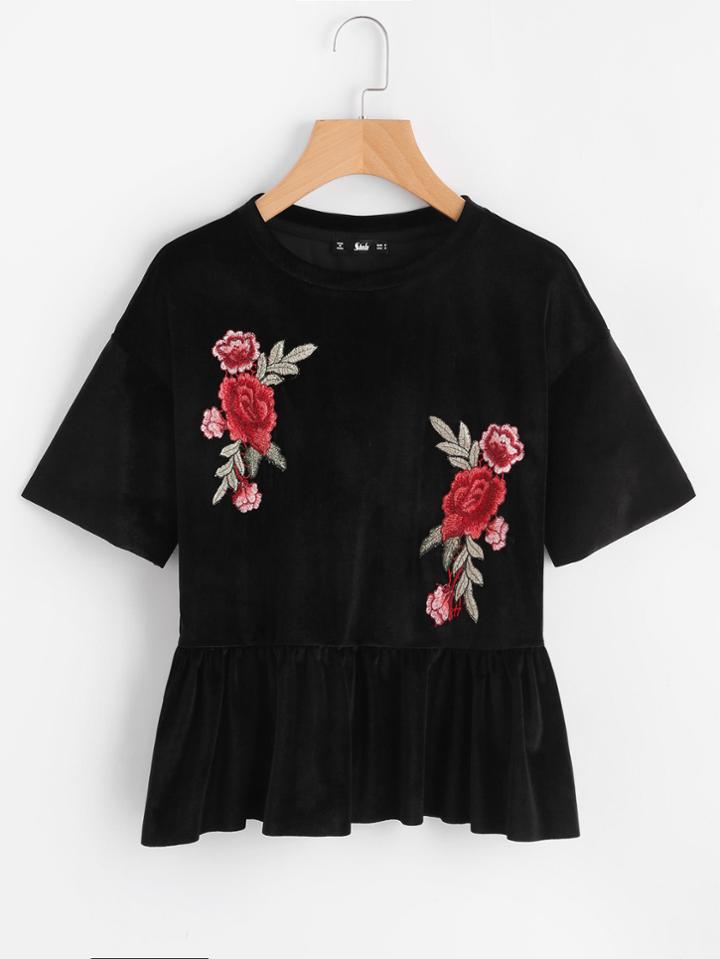 Shein Drop Shoulder Flower Patch Velvet Peplum Top