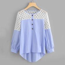 Shein Striped Contrast Lace Dip Hem Knot Sleeve Blouse