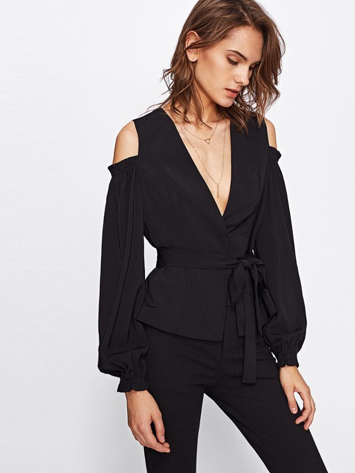 Shein Lantern Sleeve Shirred Open Shoulder Blazer