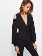 Shein Lantern Sleeve Shirred Open Shoulder Blazer