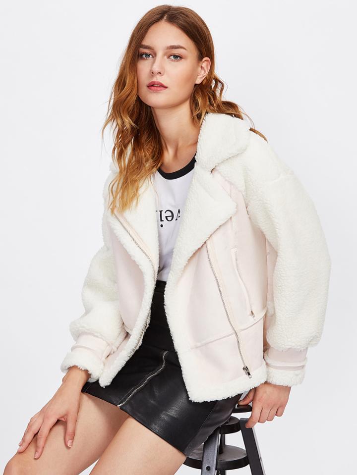 Shein Drop Shoulder Lapel Zip Up Sherpa Coat