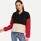 Shein Color-block Quarter Zip Teddy Sweatshirt
