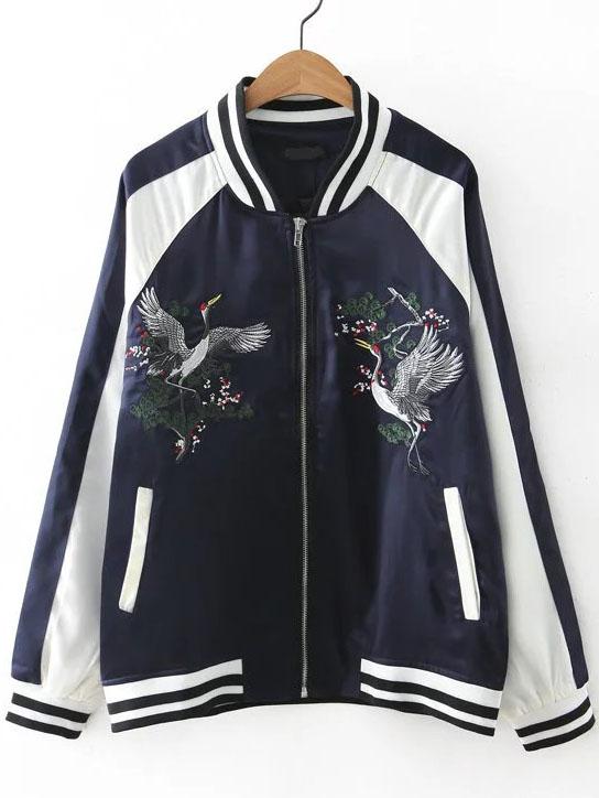 Shein Navy Crane Embroidery Striped Trim Raglan Sleeve Jacket
