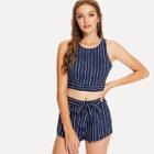 Shein Tied Split Back Pinstripe Top & Shorts Set
