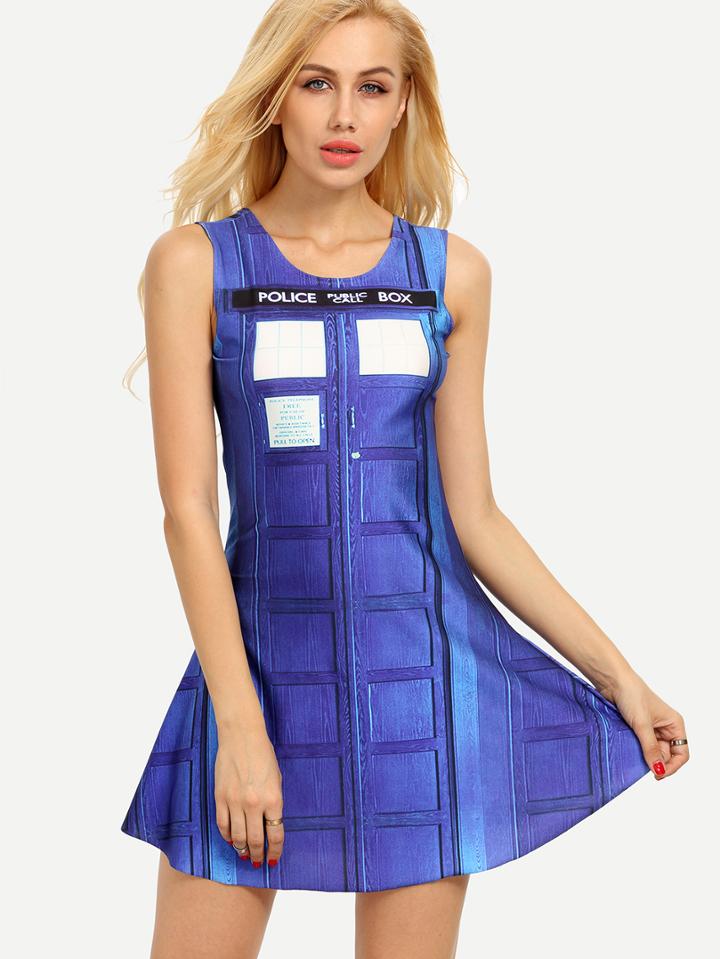 Shein Graphic Print Swing Tank Dress - Blue