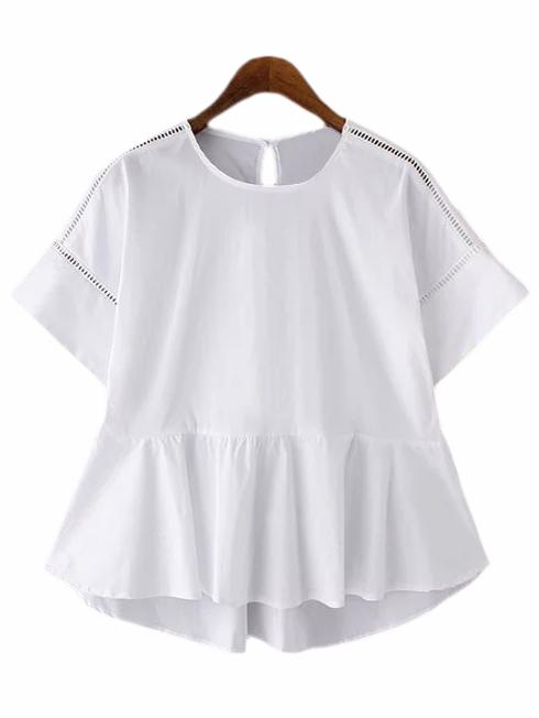 Shein White Dip Hem Hollow Short Sleeve Blouse