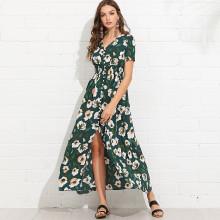 Shein Button Up Smocked Waist Botanical Dress