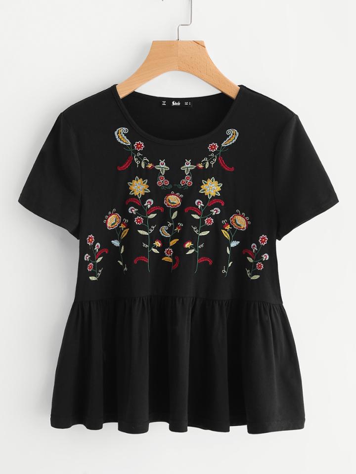 Shein Flower Embroidered Ruffle Hem Tee