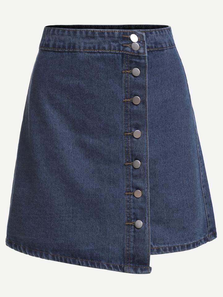 Shein Blue Button Front Wrap Denim Skirt