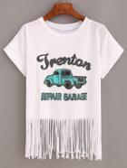 Shein Car Print Crop Fringe T-shirt - White