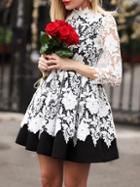 Shein White Black Crochet Lace Flare Dress