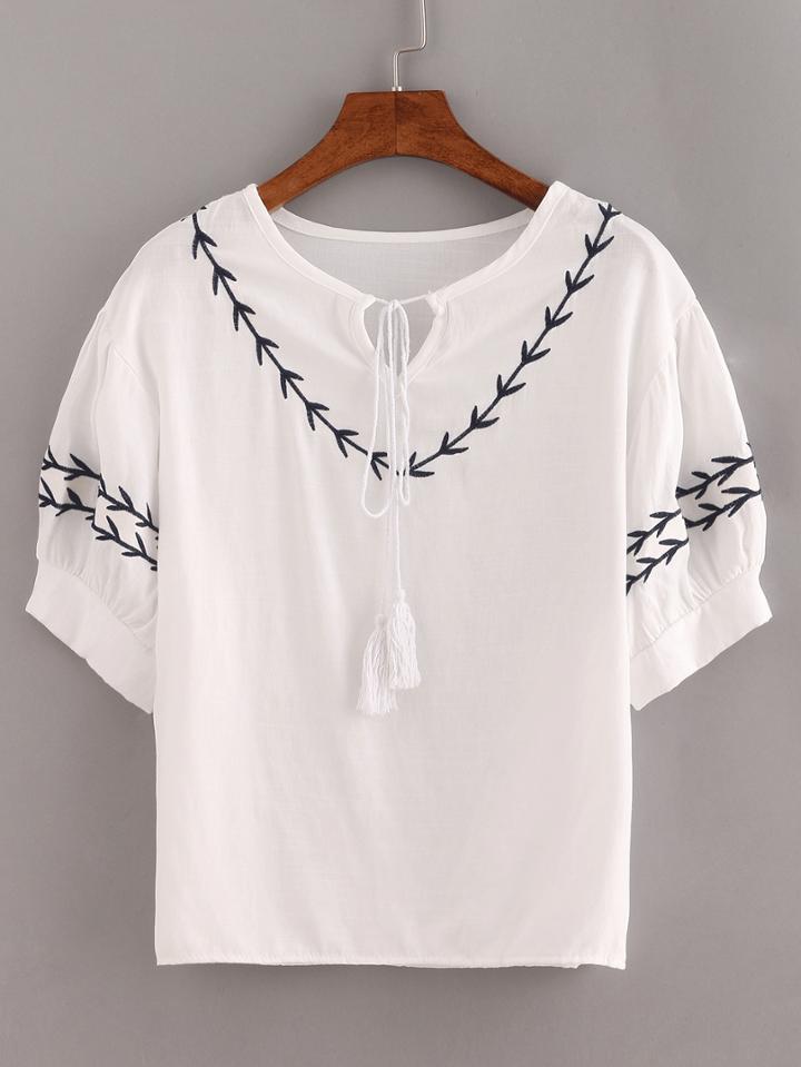 Shein White Lace Up Embroidered Shirt