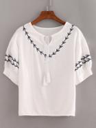 Shein White Lace Up Embroidered Shirt