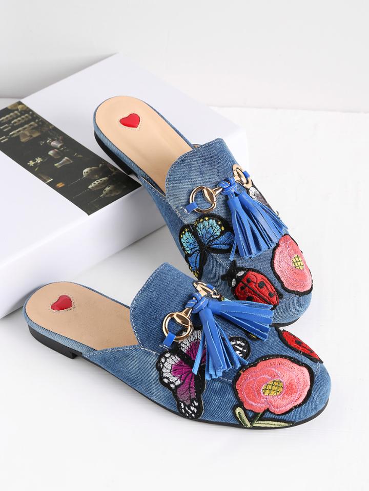 Shein Embroidery Detail Tassel Embellished Loafer Mules