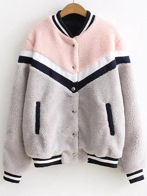 Shein Color Block Striped Trim Faux Shearling Jacket