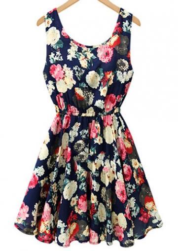 Rosewe Retro Round Neck Print Design A Line Dress