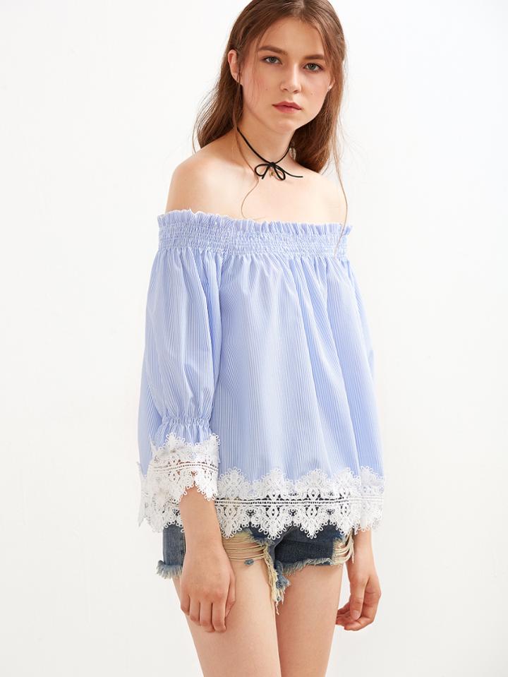 Shein Blue Vertical Striped Contrast Crochet Trim Shirred Top