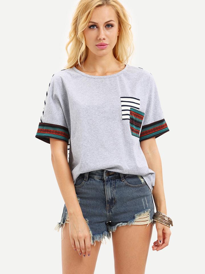 Shein Short Sleeve Stripe Back Pocket T-shirt