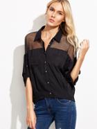 Shein Black Mesh Insert Roll Tab Sleeve Rivet Shirt