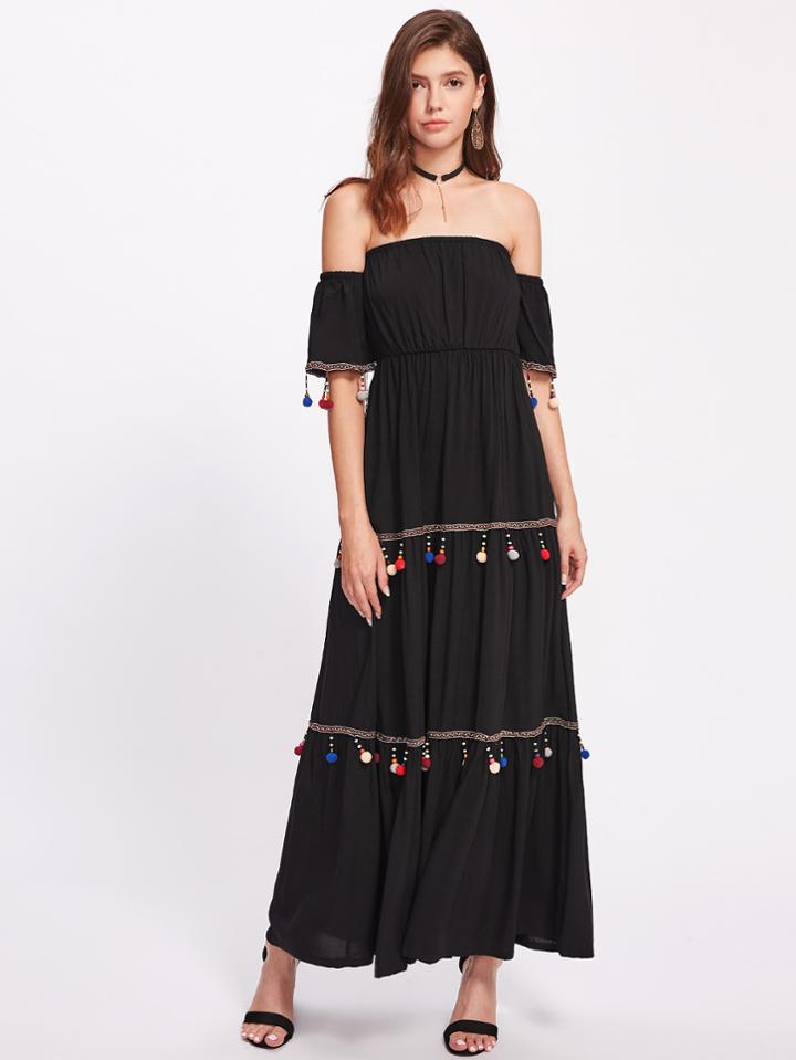 Shein Bardot Embroidered Tape Detail Beaded Pom Pom Trim Dress