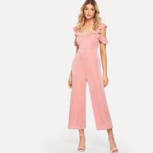 Shein V-neck Solid Ruffle Trim Jumpsuit