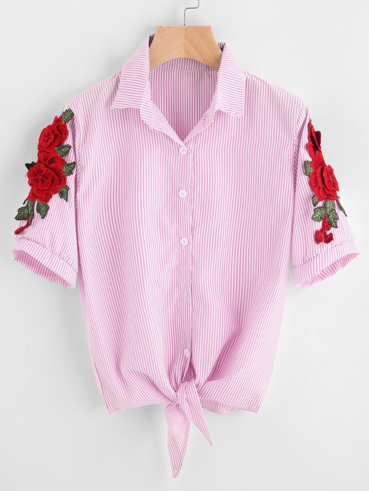 Shein 3d Embroidered Appliques Pinstripe Knot Hem Shirt