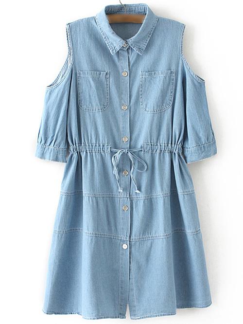 Shein Blue Cold Shoulder Pockets Self Tie Bow Denim Dress
