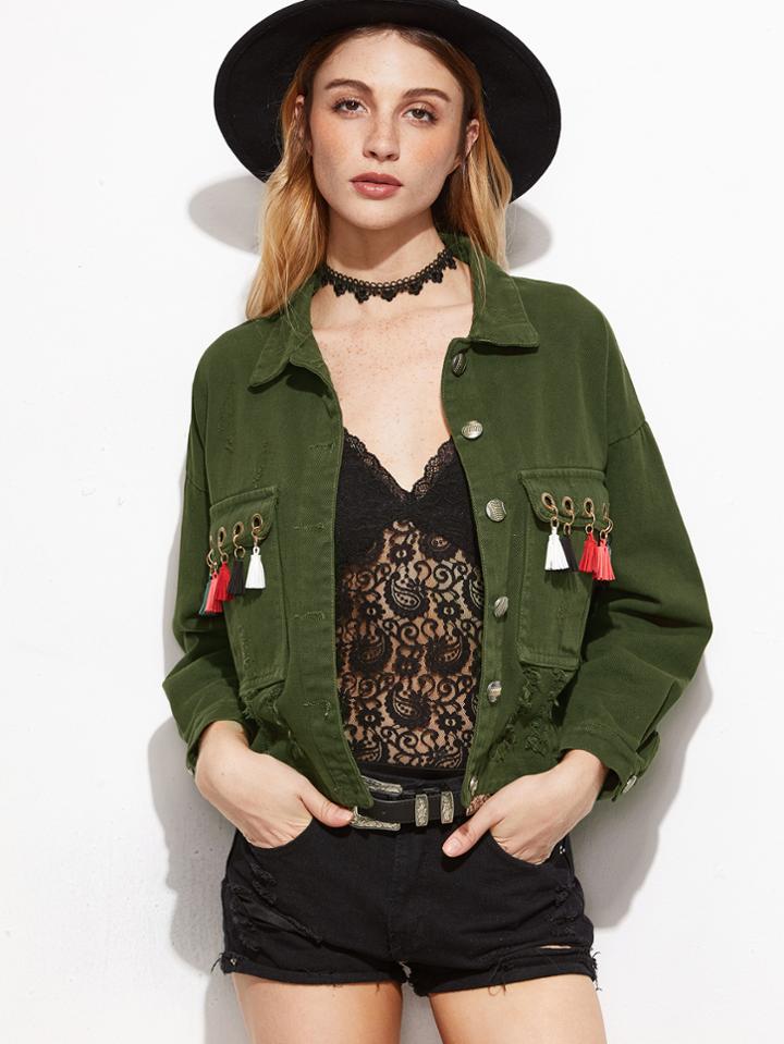 Shein Army Green Eyelet Fringe Trim Denim Jacket