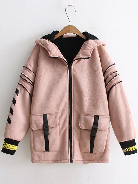 Shein Pink Printed Seam Hooded Suede Coat With Pocket