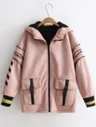 Shein Pink Printed Seam Hooded Suede Coat With Pocket