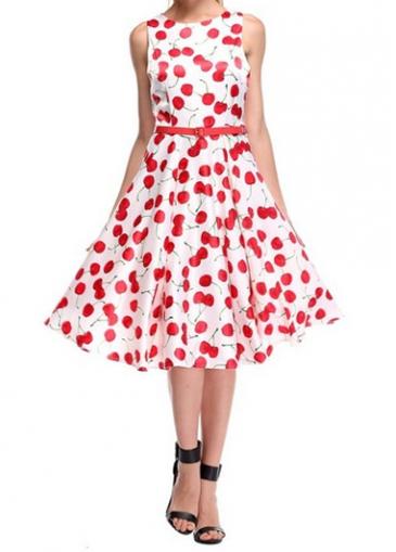 Rosewe Cherry Print White Sleeveless Skater Dress