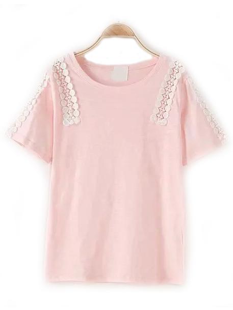 Shein Pink Crew Neck Lace Loose T-shirt
