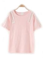 Shein Pink Crew Neck Lace Loose T-shirt