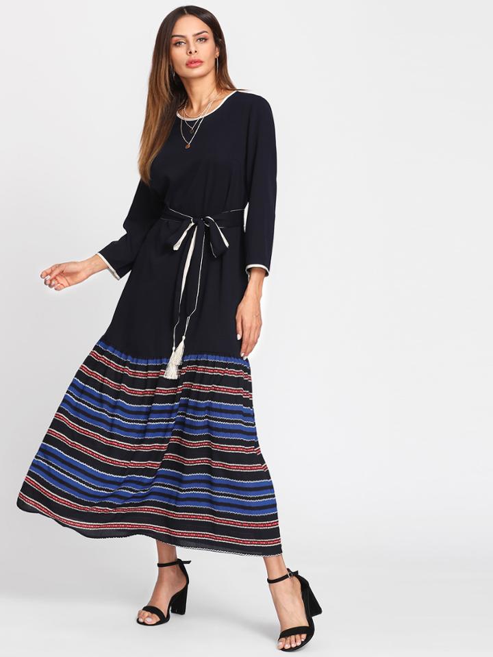 Shein Contrast Binding Open Shoulder Striped Hijab Long Dress