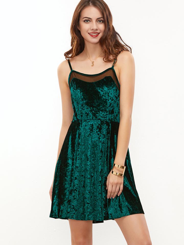 Shein Green Mesh Insert Velvet Cami Dress
