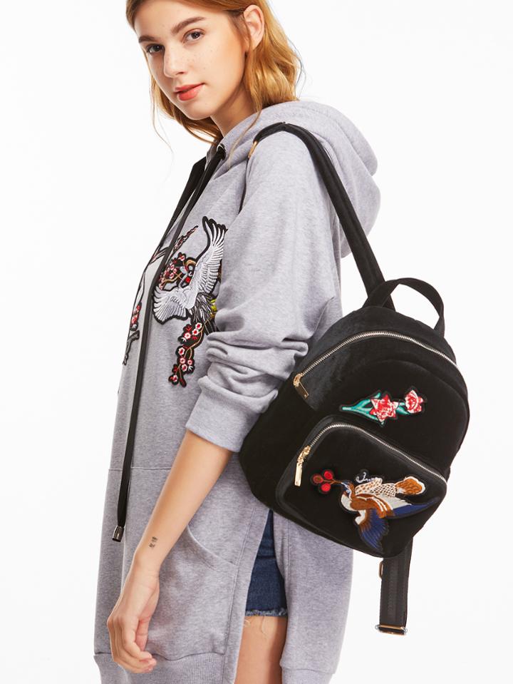 Shein Black Bird Embroidered Pocket Front Velvet Backpack