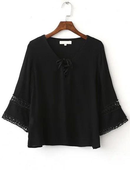 Shein Black V Neck Lace Up Crochet Trim Sleeve Blouse