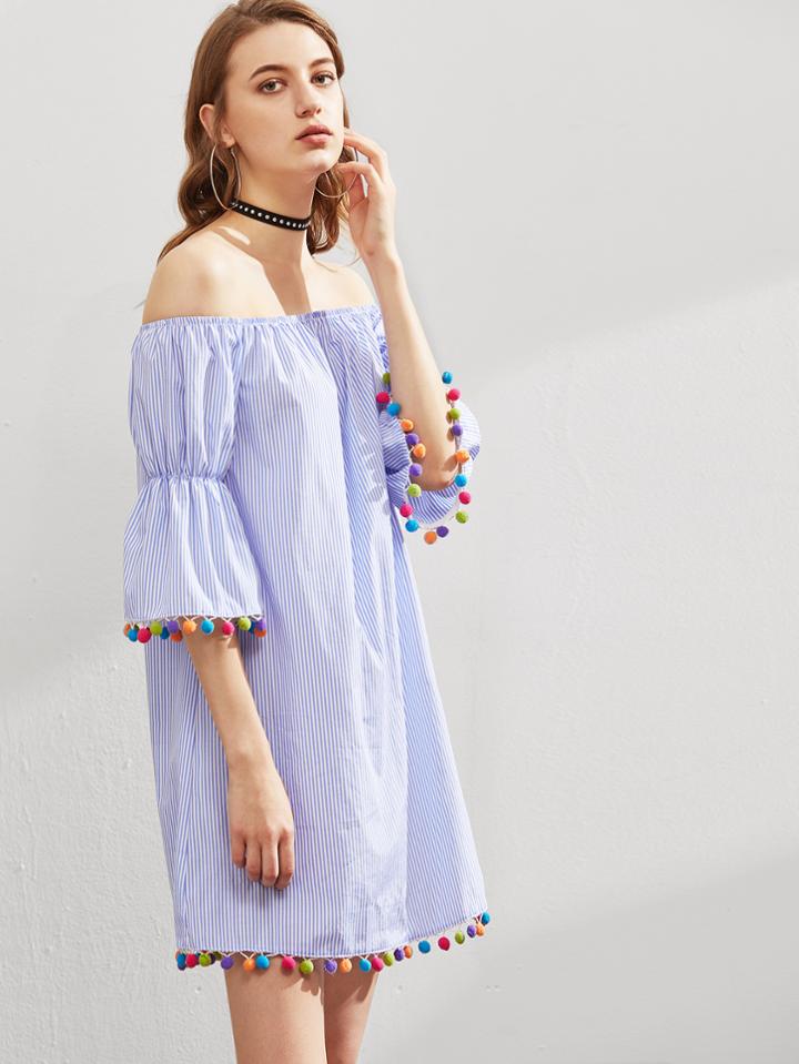 Shein Elasticized Bell Sleeve Pom Pom Trim Striped Dress