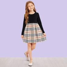 Shein Girls Contrast Plaid Hem Dress