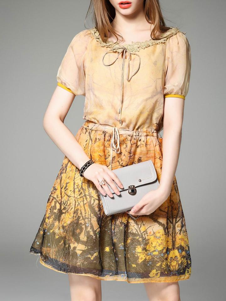 Shein Yellow Tie Neck Drawstring Print Shift Dress