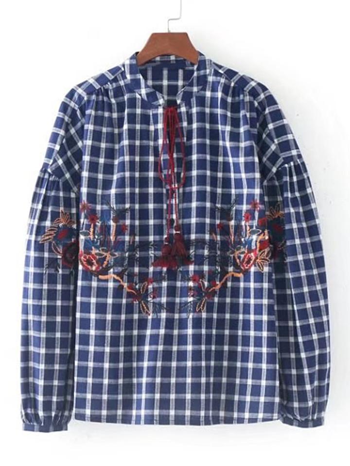 Shein Embroidered Tassel Tie Plaid Blouse