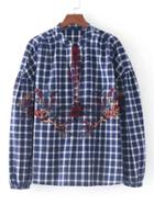 Shein Embroidered Tassel Tie Plaid Blouse