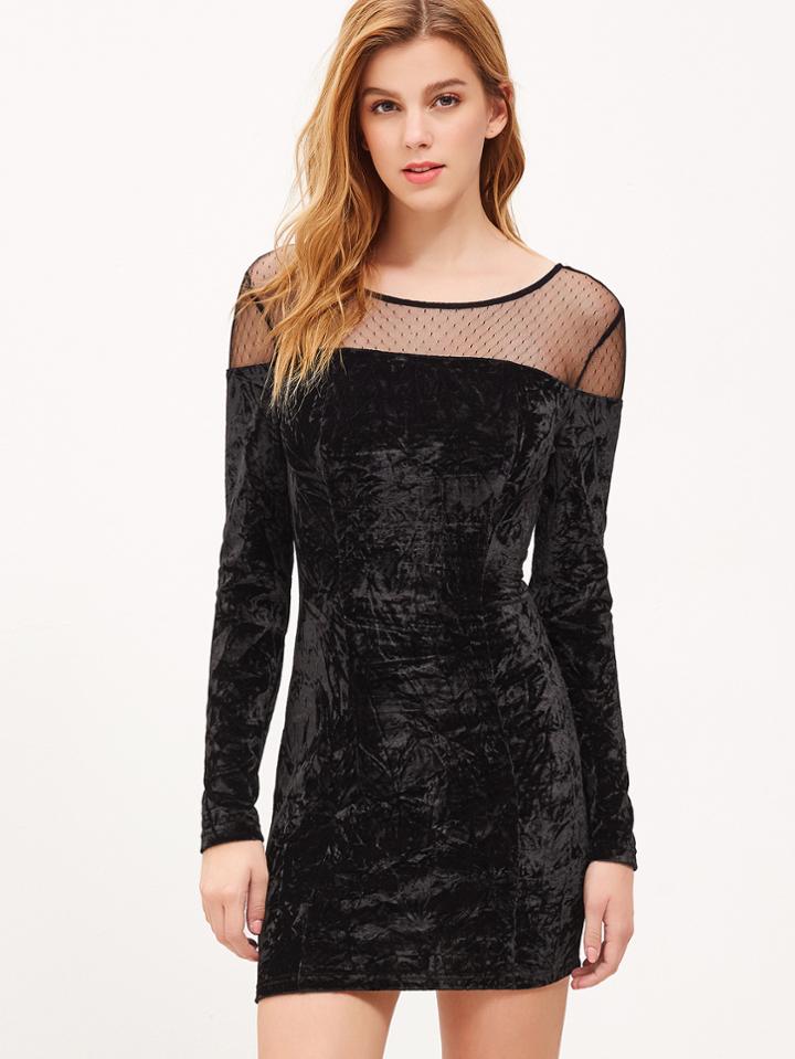Shein Black Dotted Mesh Shoulder Velvet Bodycon Dress